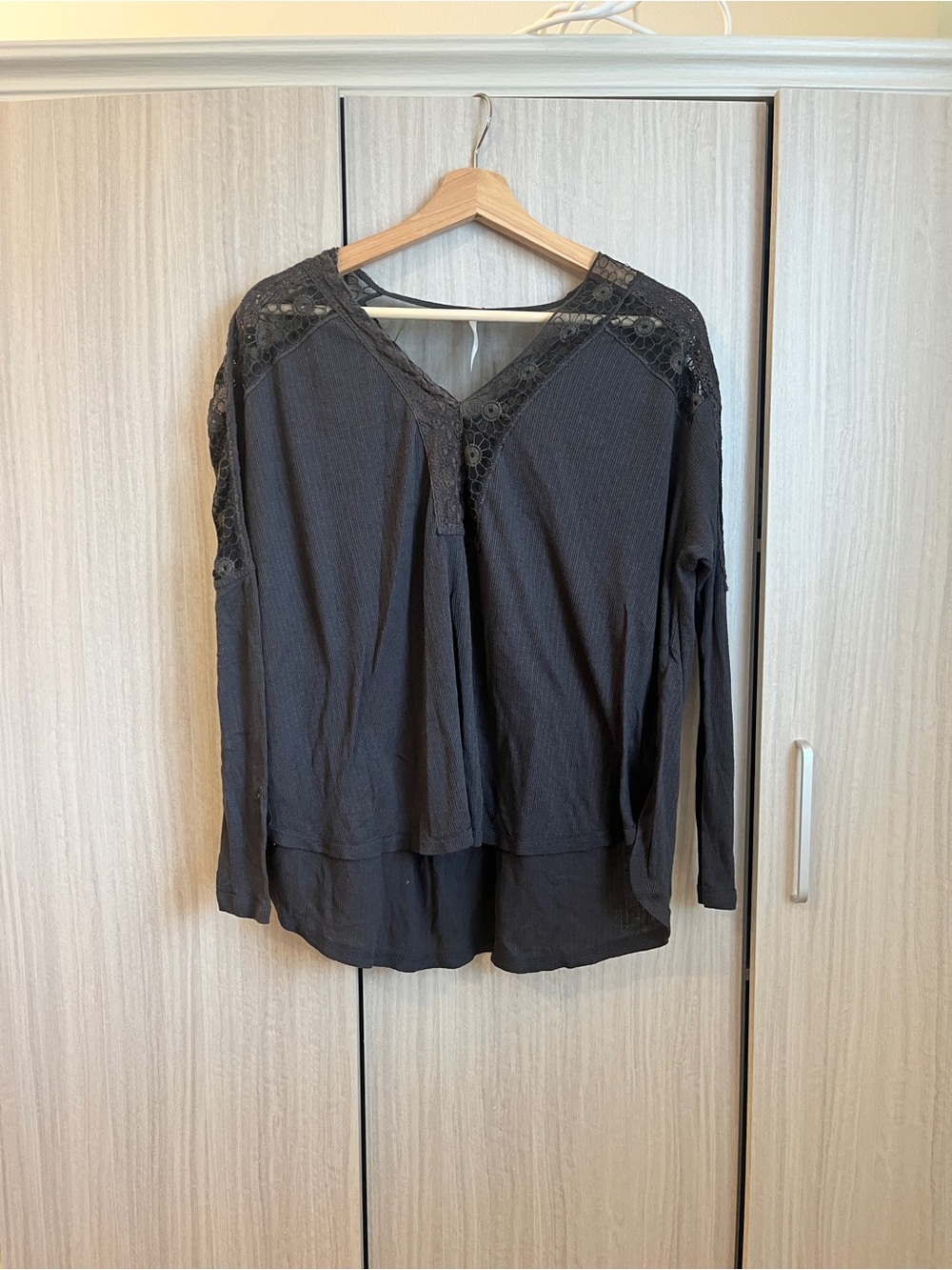Free People Black Lace-Trim V-Neck Long Sleeve Top